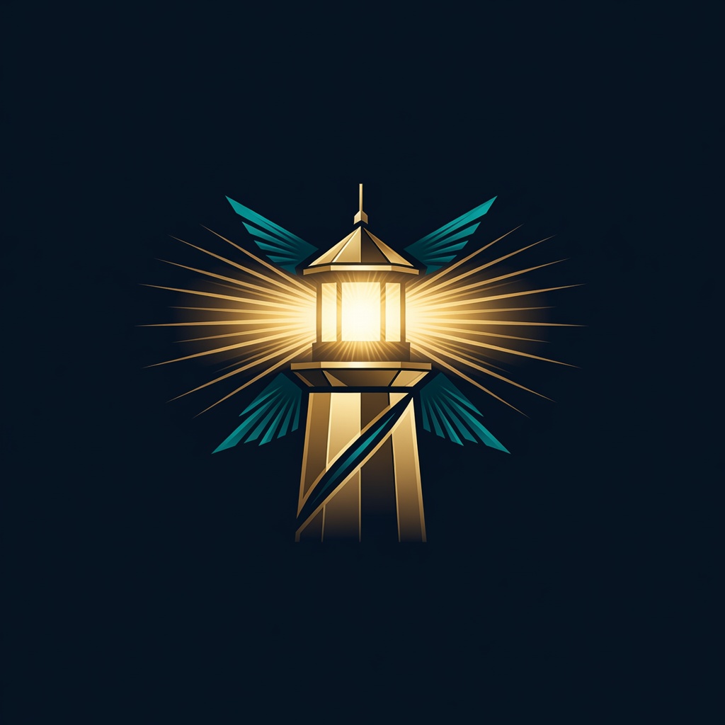 Halcerion design language — lighthouse, kingfisher, and horizon in geometric harmony